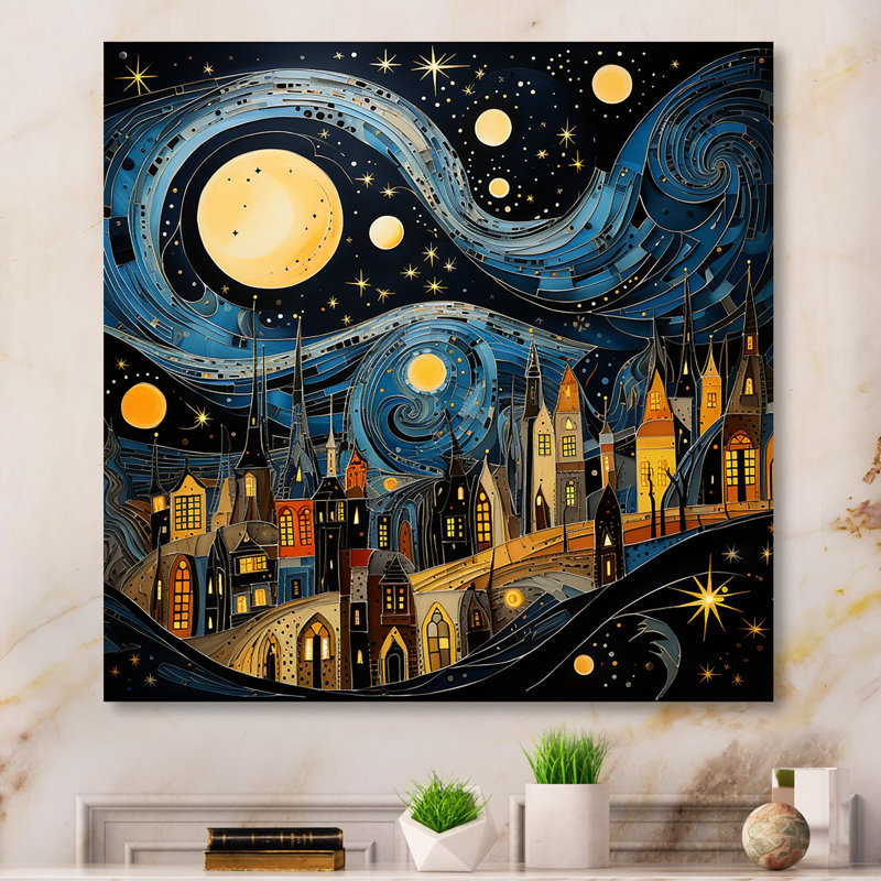 Collage de ville bleu et jaune au clair de lune - Art mural en métal paysage urbain, H 36 po x l 36 po