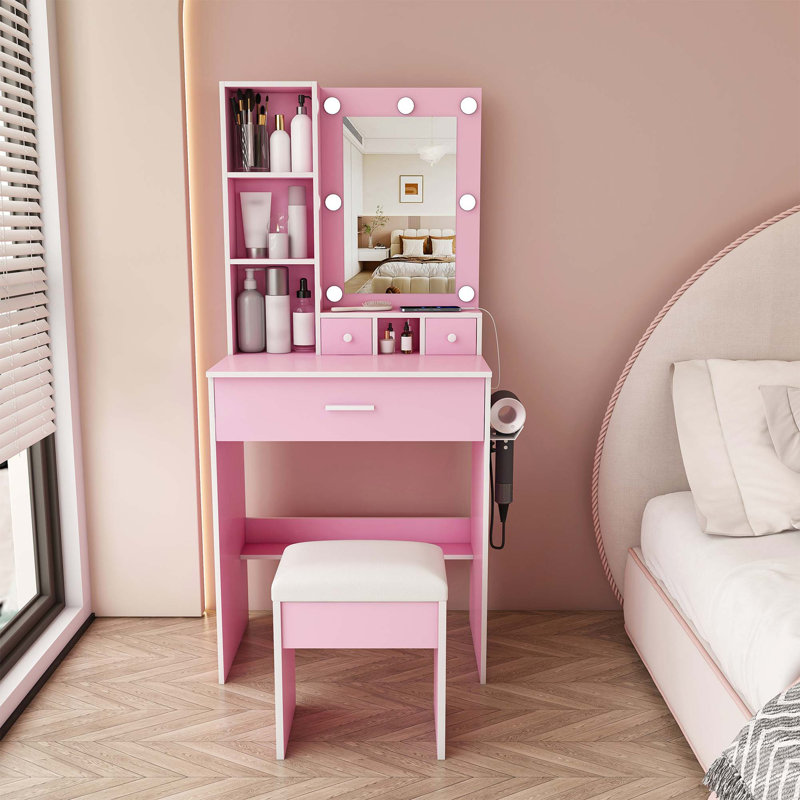 Table de coiffeuse avec miroir et lumières DEL réglables, prise de courant, support pour sèche-cheveux et tabouret, coiffeuse compacte pour petites chambres
