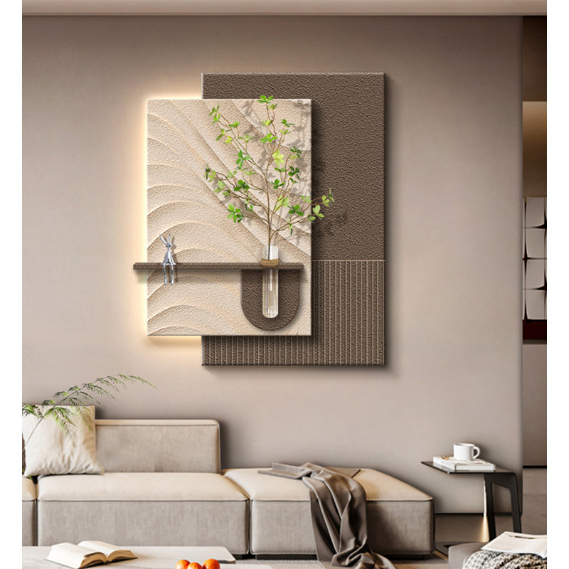 Art mural moderne en grès avec verdure et lapin, Brun foncé / Beige, H 39,37 po x l 31,5 po x P 1,97 po