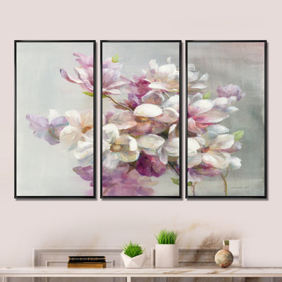Fleurs de magnolia roses - ensemble d'art mural encadré sur toile Shabby Elegance, ensemble de 3