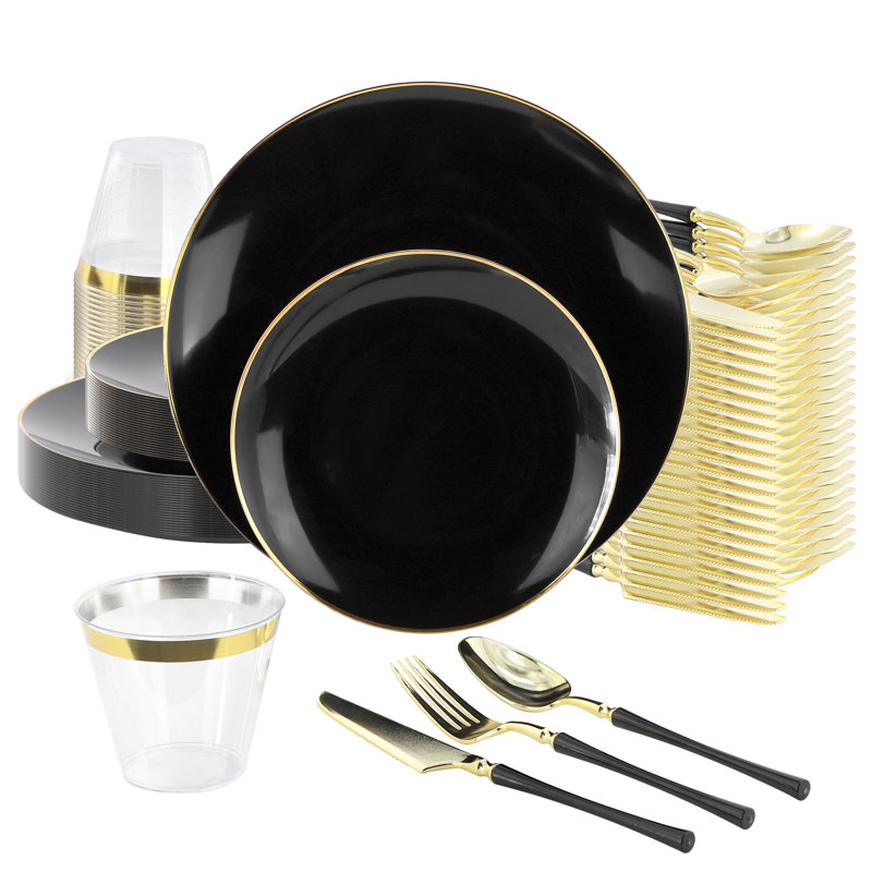  150 Piece Disposable Plastic Dinnerware Party Set for 25 Guests in Black with Gold Trim