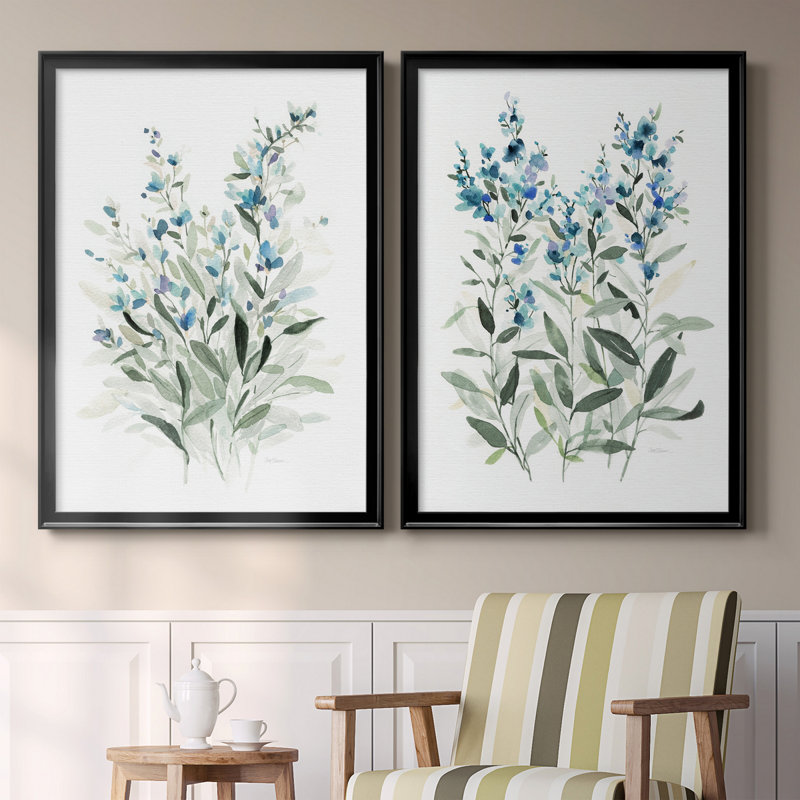 «Delicate Blue Botanical I», ensemble de 2 reproductions d'art sur toile encadrées, H 26,5 po x l 73 po x P 1,5 po, Noir