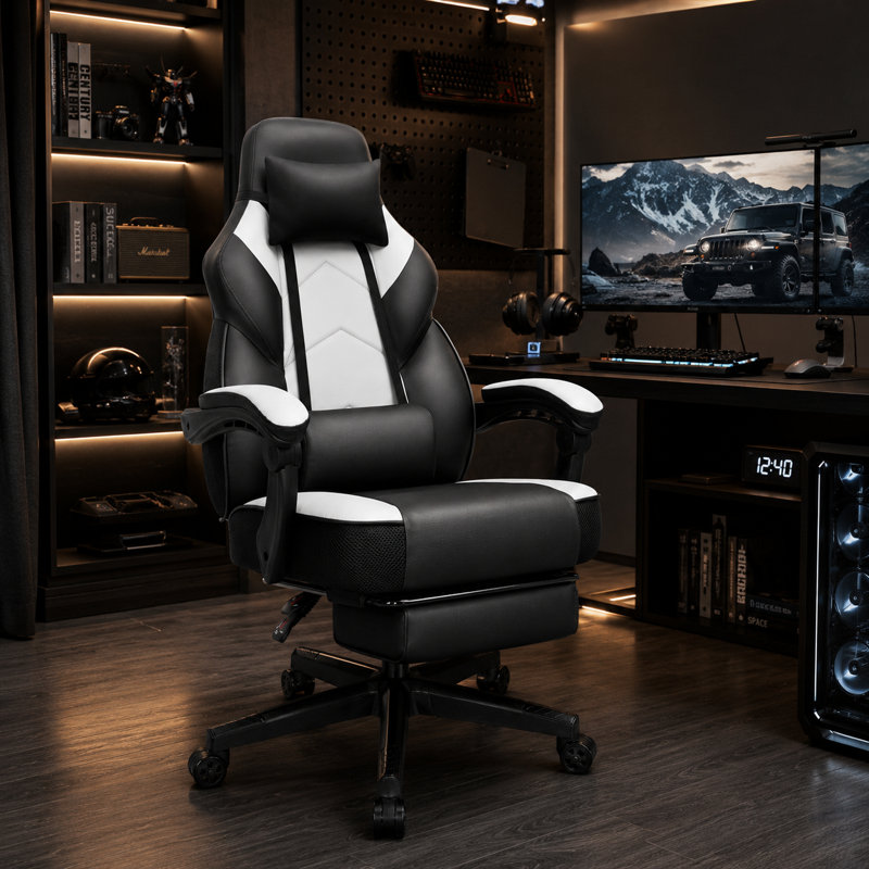 Ergonomic Gaming Chair with Footrest and Lumbar Support, White
