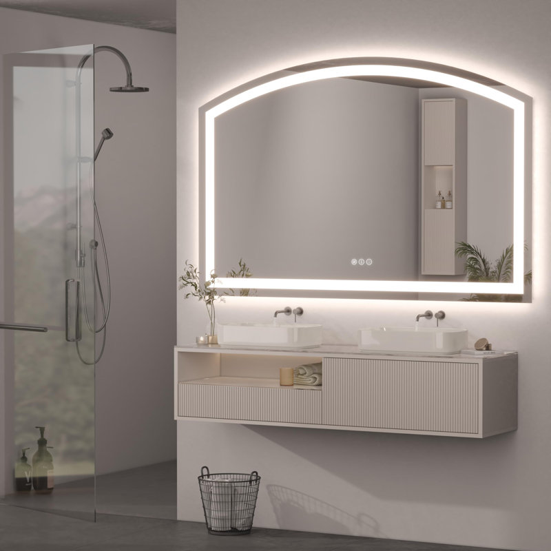Miroir de salle de bain à DEL avec lumières et miroir arqué avec capteur tactile et cadre en métal, 36 po x 55 po