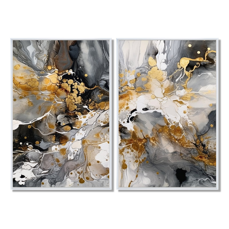 2 coups de pinceau délicats abstraits gris et or gris 3 pièces, 36'' H x 48'' W, Impression encadrée flottante, White