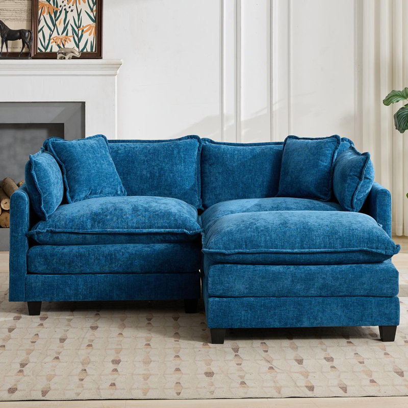 Schmucker L Shaped Modular Sectional Sofa, Oversized Cloud Couch With Ottoman, Blue Chenille, 33" H x 78" W x 35" D