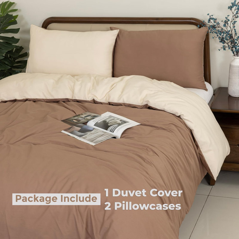 Reversible 100% Cotton Duvet Cover Set, Luxury Cotton Duvet Cover with Pillowcases, Soft & Breathable, King, Brown