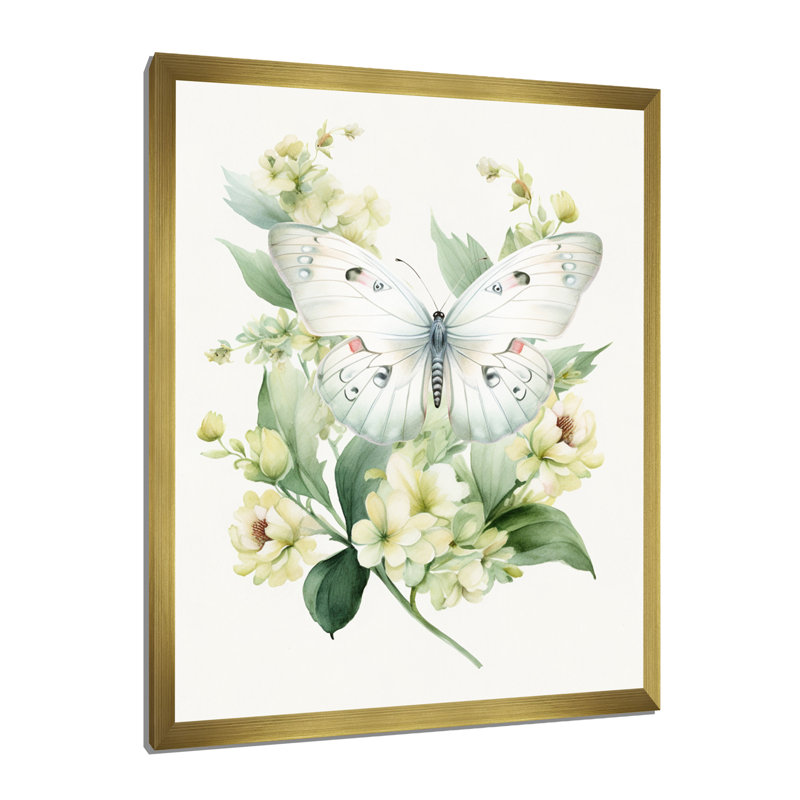 Papillons rétro sur des fleurs dans des tons pastel I, H 44 po x l 34 po x P 1,5 po, Cadre doré simple