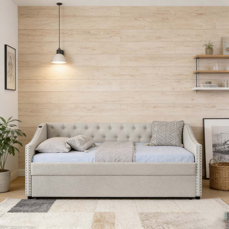Lit de jour simple avec charge USB et lit extensible escamotable, Beige