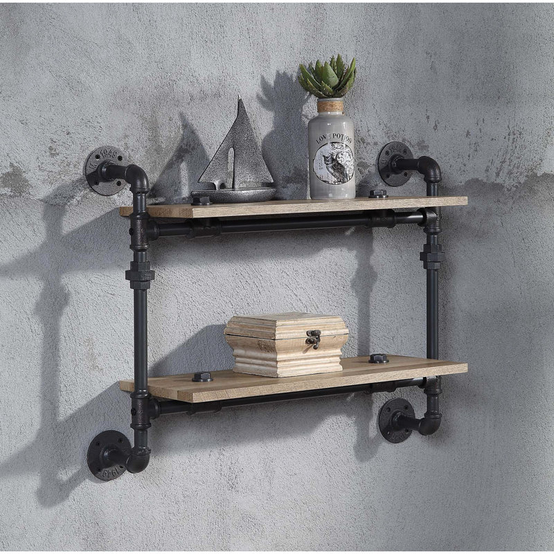 Wall Mounted 2 Tier Shelf, Oak And Metal, Sandy Black Color, Water Pipe Look, 23"L X 9"W 12" Space For Decor Storage Metal Tube, Design, Stylish Home Display