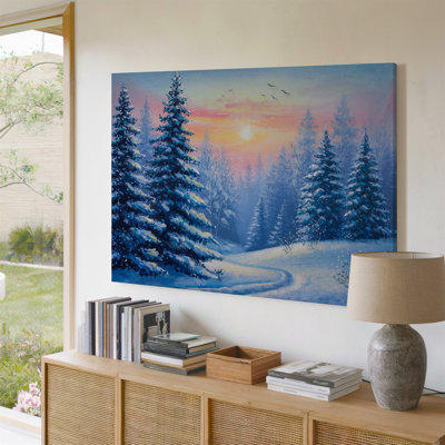 Toile, "Un paysage d'hiver serein à l'aube" avec de grands arbres couverts de neige, des arbres à feuilles persistantes avec des nuances de bleu et de blanc variées