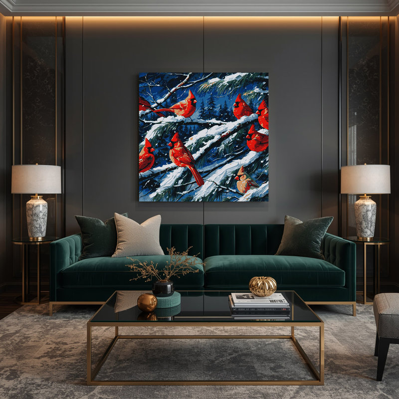 «Birds Northern Cardinal Grey», art mural sur toile, H 12 po x l 12 po