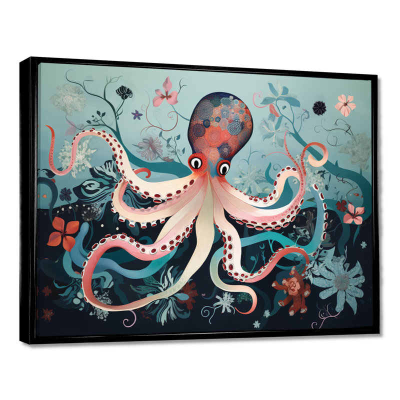 Pieuvre profonde mer rétro - pieuvre / calmar, Toile flottante noire encadrée, H 34 po x l 44 po