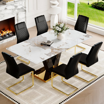 71'' Glass Dining Table Set for 6,Marble Patterned Dining Room Table Set With V-Shaped Black Glossy Pillars