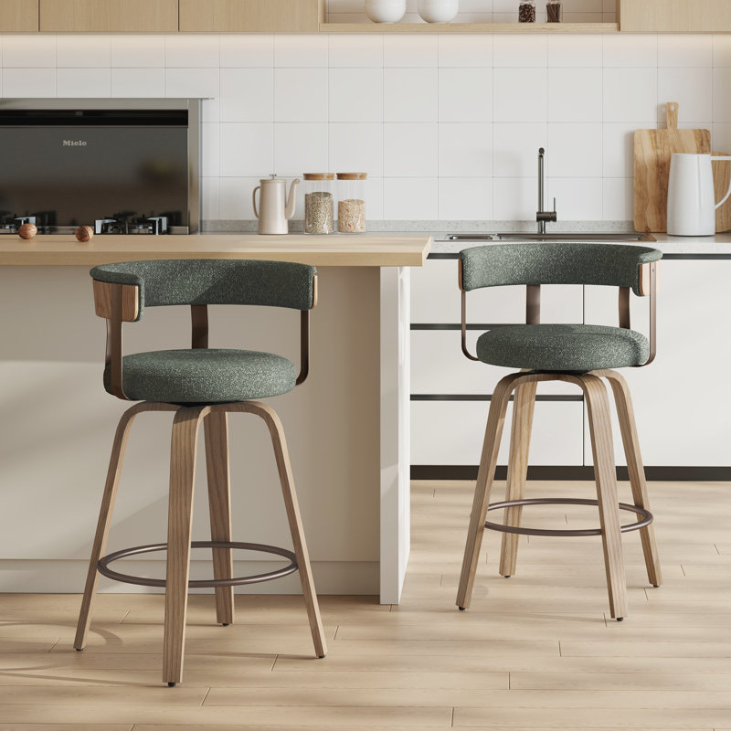 Tabouret de comptoir pivotant de 26 po avec dossier et pieds en bois cintré pour îlot de cuisine, Green Seat/Natural  Frame