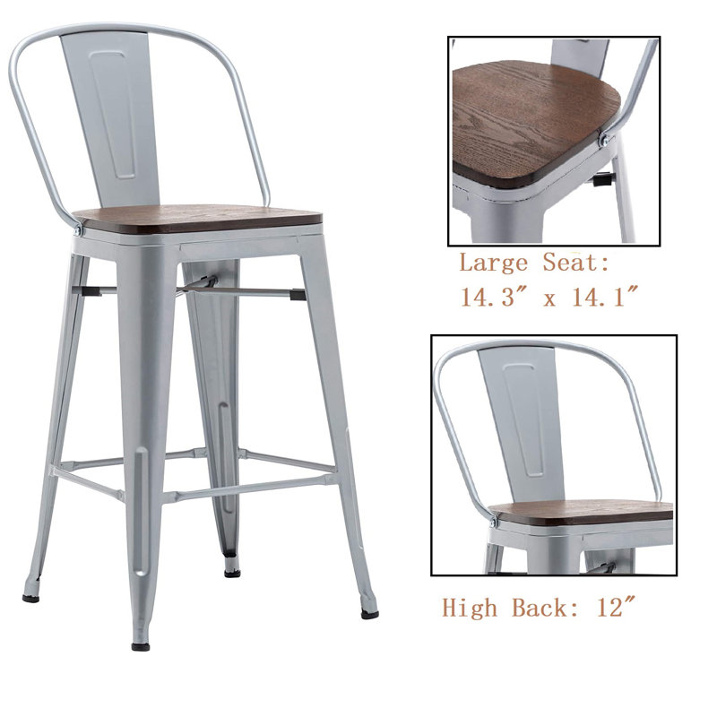 Silver Industrial Metal and Wood Counter Stools, Set of 4