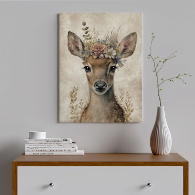 Baby Plum Lovely Deer Portrait Canvas Wall Art Cute Forest Animal Floral Crown Poster Print Retro Fawn Picture Aesthetics Decorative Painting Living Room Baby Room Nursery Wall Decor 12X16 Inch Framed