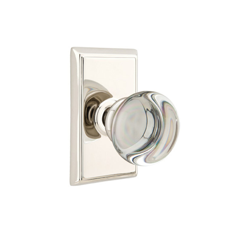 Ensemble de faux boutons Emtek avec rosette rectangulaire et bouton en verre Providence, Nickel poli à vie