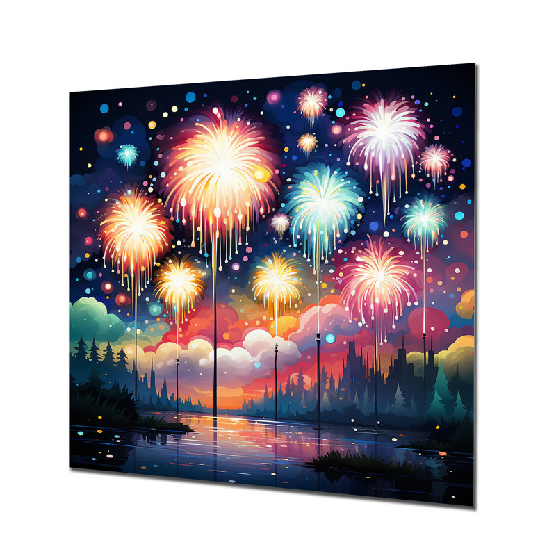 Feux d'artifice bleu et rose au bord du lac - Art mural en métal, H 29 po x l 29 po