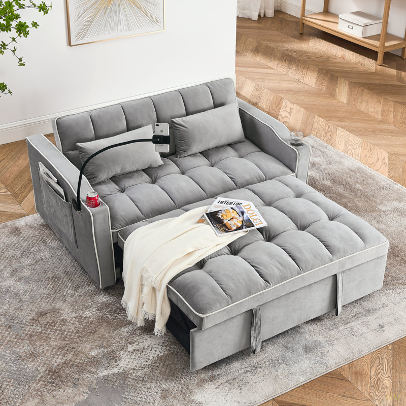 Canapé-lit pliable polyvalent de 55,51 pouces en 3 longueurs, canapé-lit moderne en velours, dossier réglable et avec port USB, cendrier et support pour téléphone pivotant