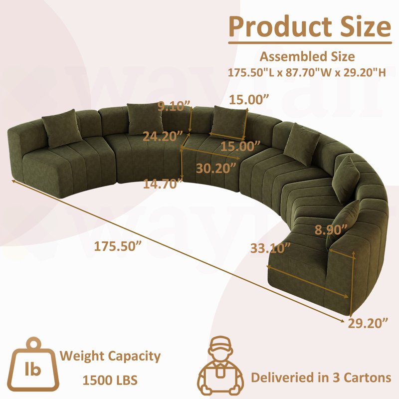 Canapé d'angle incurvé sans ossature en chenille verte Enn avec six coussins, 6 modules, emballage sous vide, Chenille verte