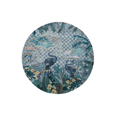 Blue Tropical Elephant Figured Woven Base Round Decorative Carpet