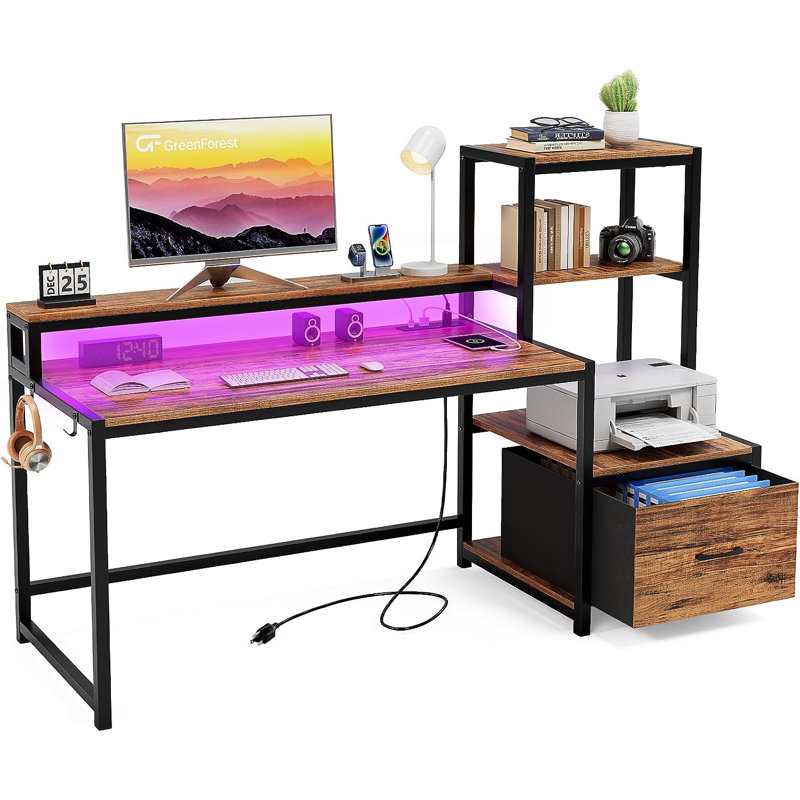 Aliette Metal Base Computer Desk with Power Outlet, Walnut/Black, 29.5" H x 59" W x 18.9" D