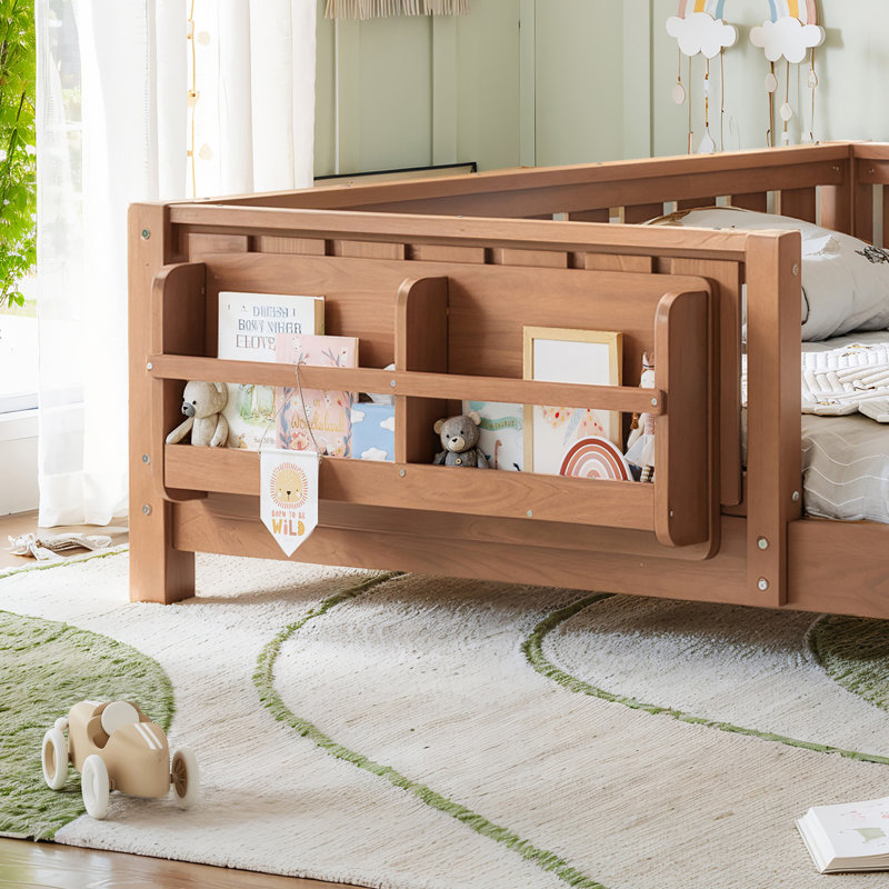 Queen Size Kids Floor Bed With Fence And Built-in Bookshelf,Queen Size Montessori Floor Bed With Slats And Safety Guardrail,Easy Assemble Montessori Beds for Kids,Natural Floor Beds