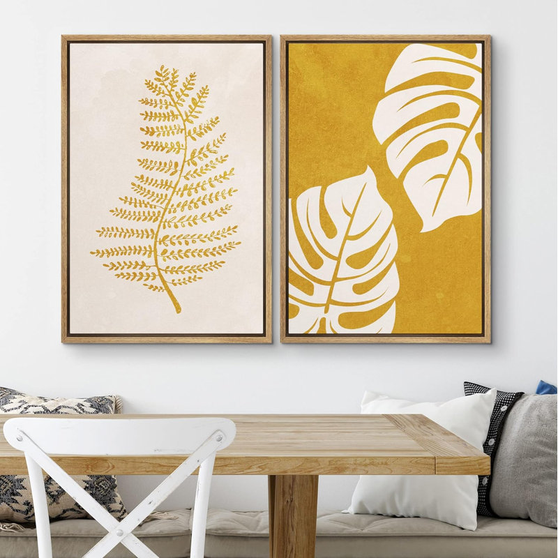 Jaune, blanc, feuille tropicale, silhouettes, nature sauvage, art moderne, rustique, coloré, 2 pièces, H 24 po x l 16 po