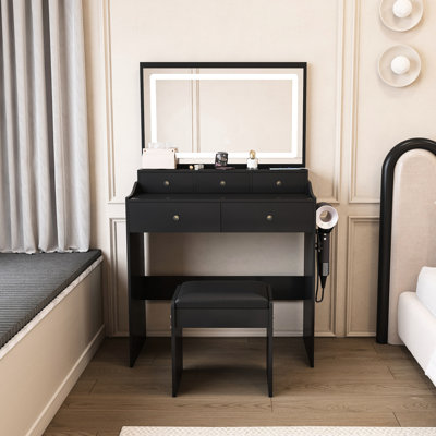Très grand meuble-lavabo de maquillage noir pour chambre à coucher avec 3 températures de couleur, prise de courant intégrée, 5 tiroirs et porte-séchoir à cheveux