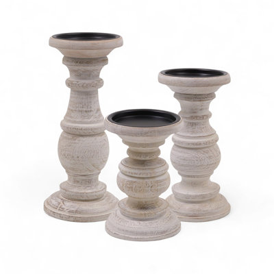 Ensemble de 3 porte-bougies en bois blanchi Hosley - hauteurs de 10 po, 8 po et 6 po - Idéal pour les bougies à DEL et pilier, les mariages, les fêtes, la décoration intérieure, le spa, le reiki et l'aromathérapie