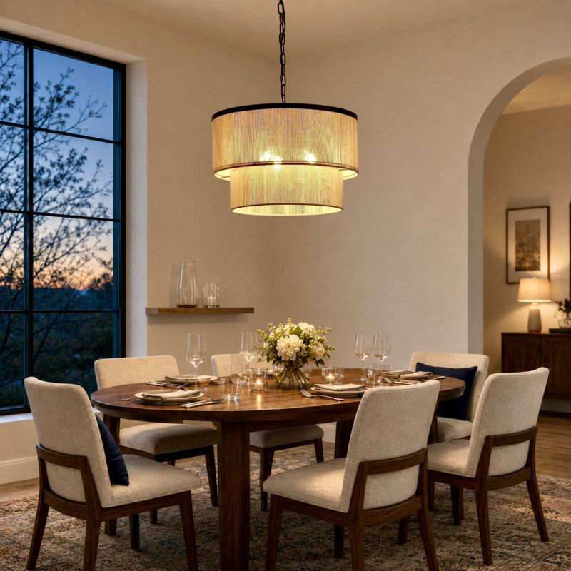 18" 3-Light Dimmable Drum Chandelier, Bronze, Beige