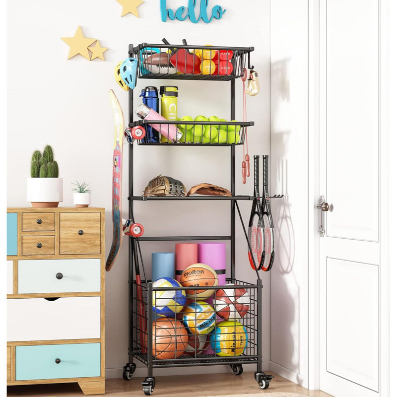 Black Powder-Coated Steel Multi-Use Sports Equipment Organizer with Mesh Tiers