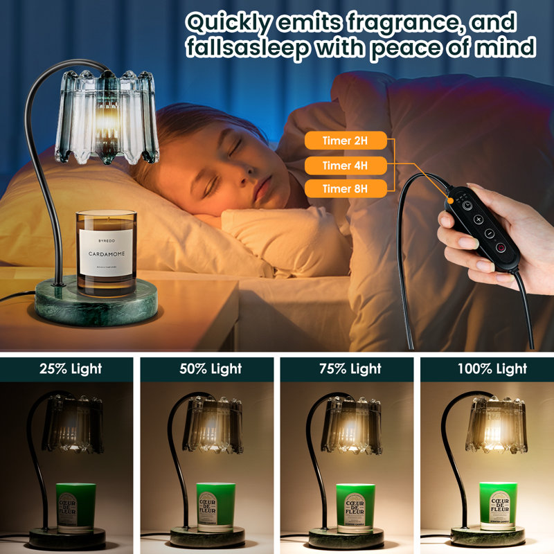 Candle Warmer Lamp With Timer And  Dimmer - Green Marble Base With Retro Glass Lampshade.