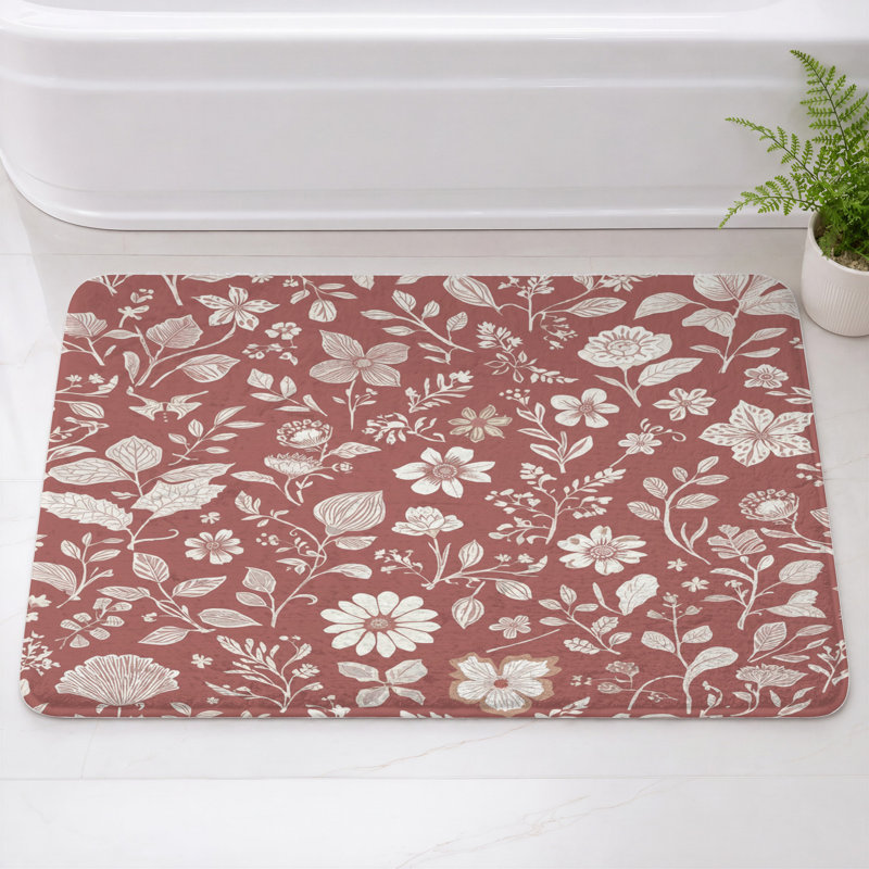 Tapis de bain aux motifs floraux et botaniques complexes, 24 po L x 17 po L, Dark Red Medium White