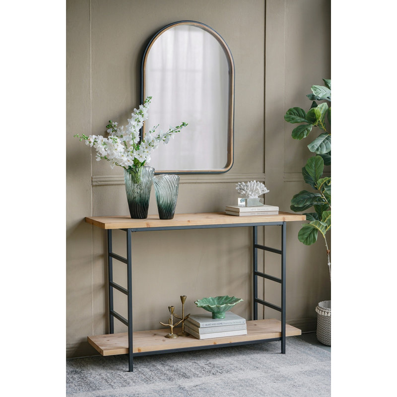Console 48 po x 16 po x 32 po à 2 niveaux en bois et fer avec structure noire et tablette de rangement, industrielle / moderne / minimaliste