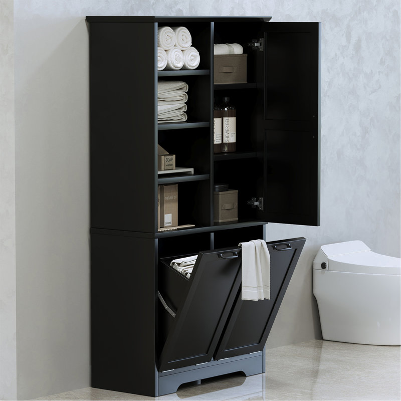 Bathroom Storage Cabinet With Doors And Drawers, Tilt-Out Laundry Hamper, Multiple Storage Space, Freestanding Style, Open Shelve, Adjustable Shelf, Black