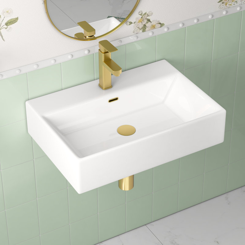 Turner 24" W x 16" D Vitreous China Rectangular Wall Mount Bathroom Vessel Sink with Silver Overflow Ring, White