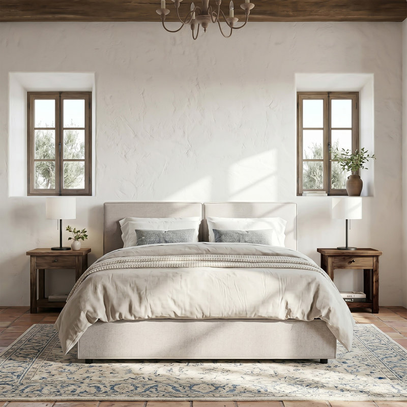 Cadre de lit plateforme vintage en lin recouvert de tissu, tête de lit double panneau, lit bas avec sommier à lattes en bois, aucun sommier requis.