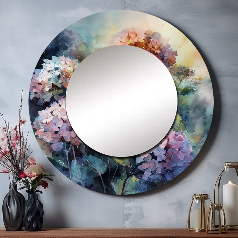 Oshyn Purple Green Hydreangea II - Hydrangea Decorative Wall Mirror, Traditional Large Round Mirror, Printed Metal Art
