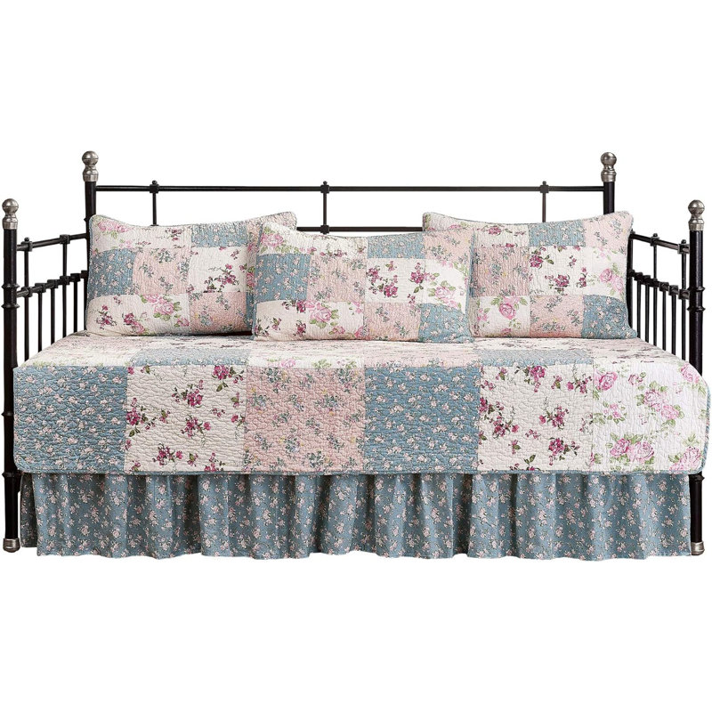 Ensemble de courtepointe multicolore réversible en coton patchwork, Bleu, Courtepointe pour lit de jour + 4 pièces supplém