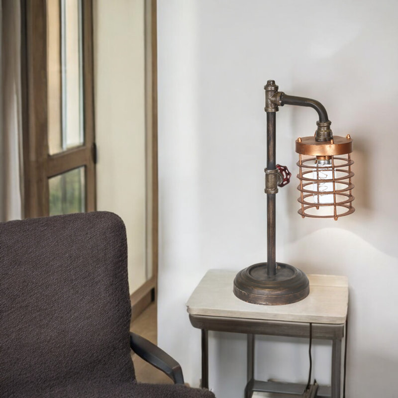 Mosche Industrial Metal Table Lamp with Caged Shade and Valve Accent - Vintage-Inspired, Rustic, Decorative, Steampunk-Style Desk Lamp for Home or Office Lighting