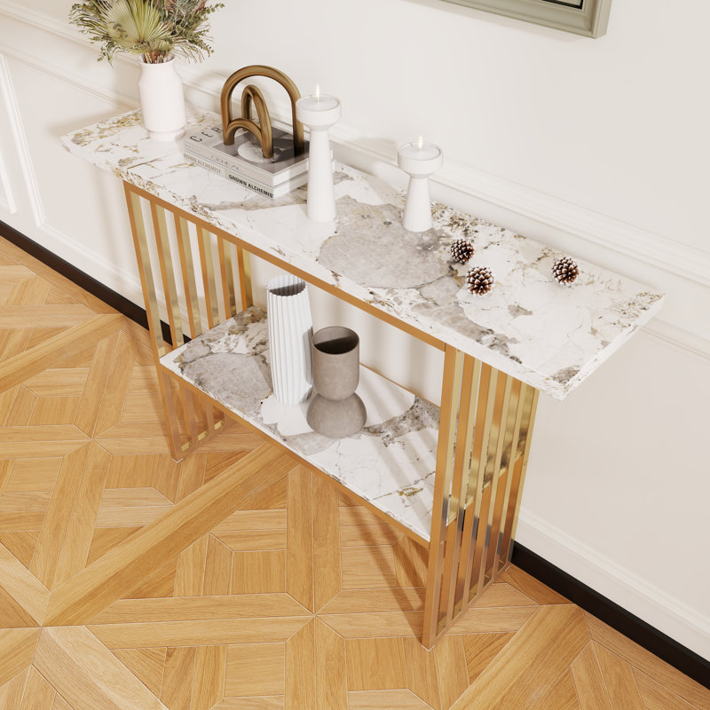 Modern Wooden Imitation Marble Counter Top Console Table With Open Storage Shelf