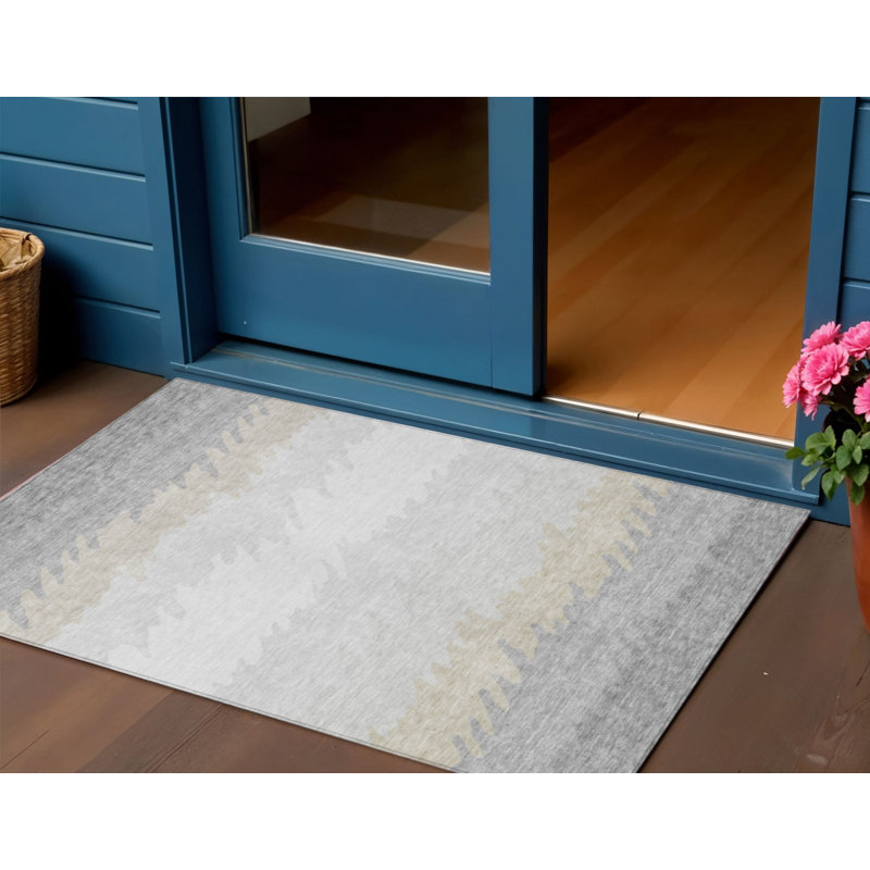 3' X 5' Silver Gray And Beige Striped Washable Indoor Outdoor Area Rug