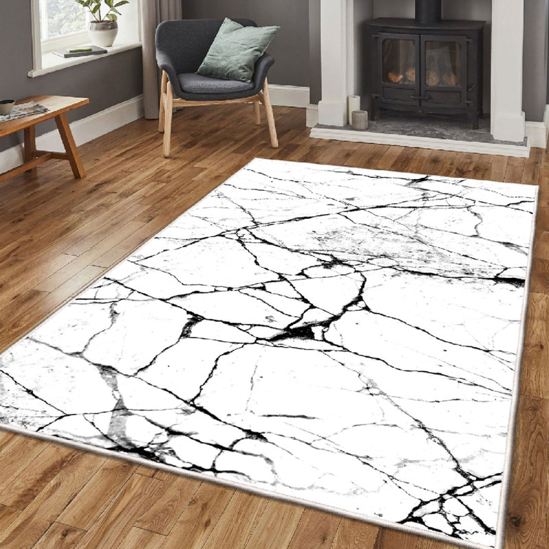 Antibacterial Cotton Area Rug, 2.6 x 6.6 Feet | 100% Cotton, 1200 g/m², 0.4 in Pile Height, Non-Slip PVC Underside | Machine Washable, Elegant White & Black Design | Perfect for Living Room & Bedroom Decor