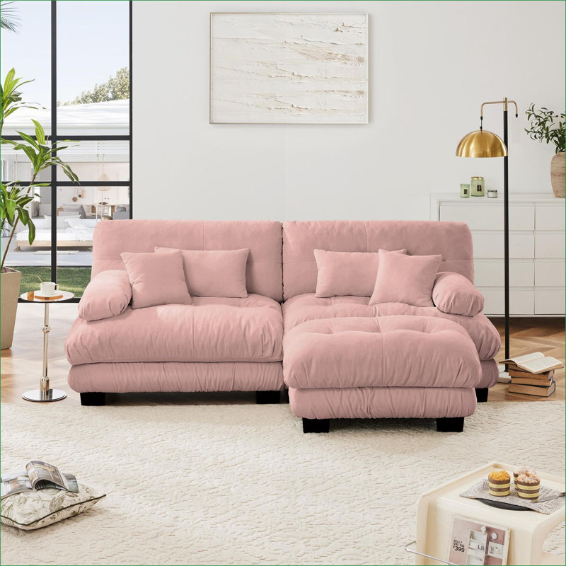 Canapés modulaires | Divan-lit 2 places pour dortoir de salon, repose-pieds convertible avec 4 coussins | Chenille | Rose