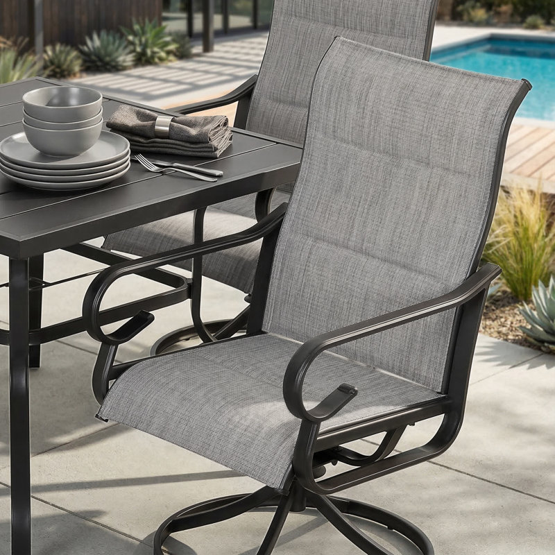 Burlington 5pcs Padded Textilene Outdoor Dining Set With Umbrella Hole, Swivel Design, Gray, 28.3" H x 37" W x 37" D, 4