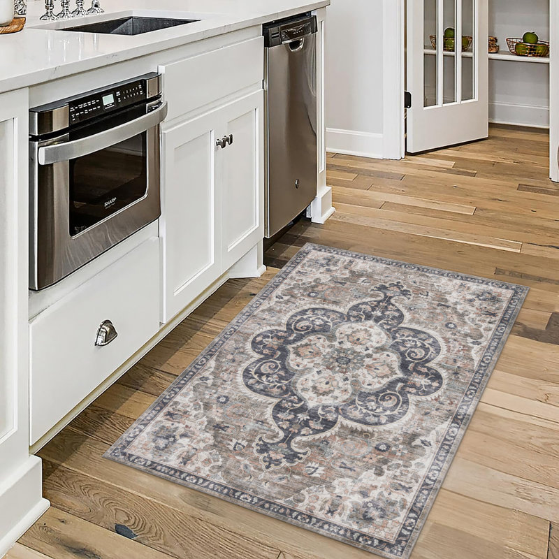 Tapis beige ivoire lavable à la machine Vintage Lefkothea Joy, Brown Beige, Rectangulaire 2 pi x 3 pi