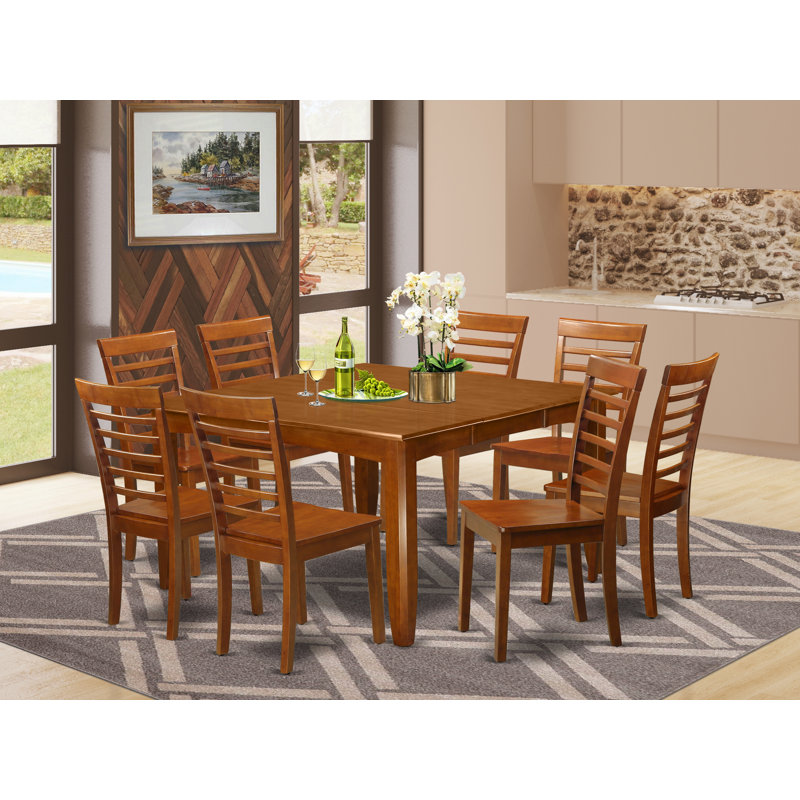 9 Piece Dining Table Set Includes a Square Dining Room Table with Butterfly Leaf and 8 Wooden Seat Chairs, Saddle Brown