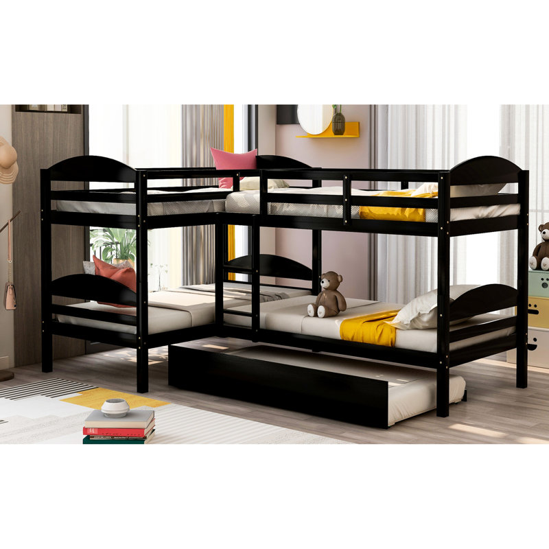 Twin L-shaped Bunk Bed With Trundle - Accommodates Multiple Guests Provides A Relaxing Sleep Environment